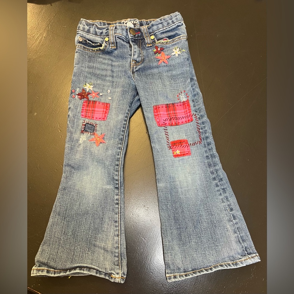 Baby Gap Stretch Y2k Floral Embroidery PatchWork Flare Adjustable Blue‎ Jeans 4